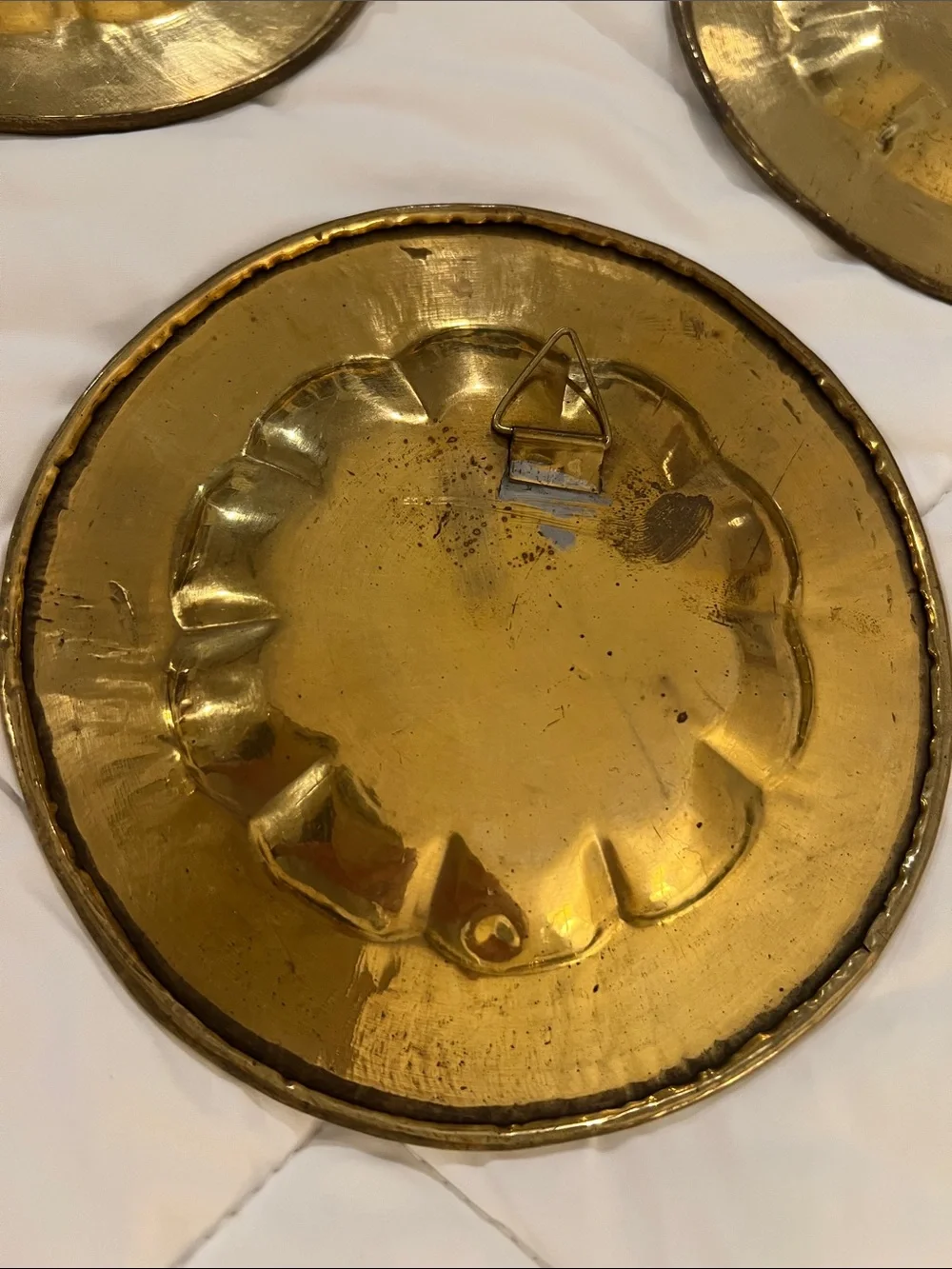 4 Decorative Peacock Brass Wall Plates. Gold w Purple, Blue, Black & Red Accents